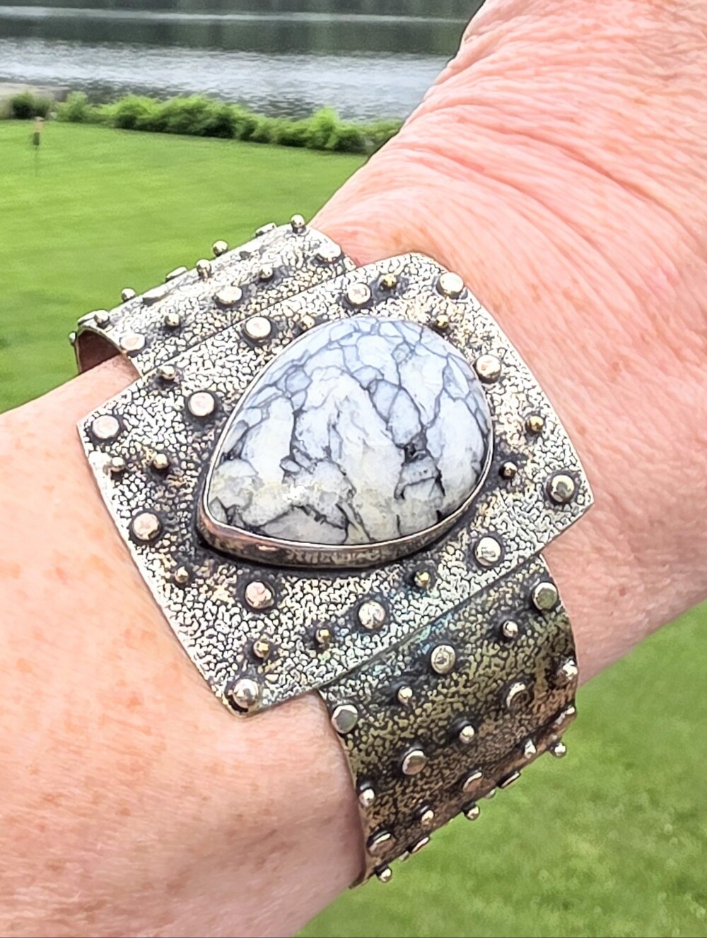 Pinolith Jasper Gemstone Cuff Bracelet In Sterling Silver (Adjustable)